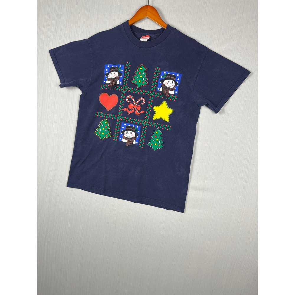 Snowden VTG‎ 90s Christmas Graphic T-Shirt Womens Large Navy Blue Snowman READ